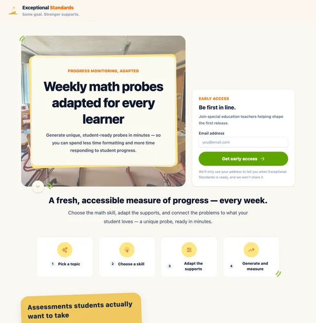 Exceptional Standards landing page, headlined 'Weekly math probes adapted for every learner', with an early-access email signup